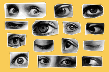 Eyes collage. Woman eye look halftone pop art, girl face open closed eyeball eyebrows eyelashes shock vision concept, y2k cutout newspaper trendy set exact vector illustration