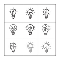 Art & Illustration Diverse lightbulb icons symbolizing innovation, creativity, and brilliant ideas for modern concepts, technology, and business solutions.