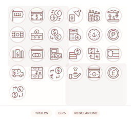 25 Regular Line Pixel Optimized Designs for Euro High Resolution Vector Icons