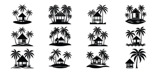 Collection of silhouette tropical island scenes with palm trees and beach huts © mdkamran