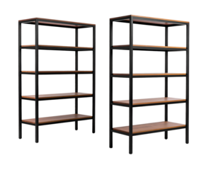 Two sleek, industrial-style shelving units with dark metal frames