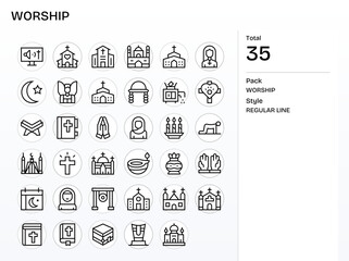 35 Detail Enhanced Vector Icons themed around Worship in 64x64 Regular Line format