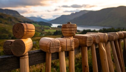 Rows of wooden mallets rest on a fence with a hazy mountain and lake backdrop at golden hour