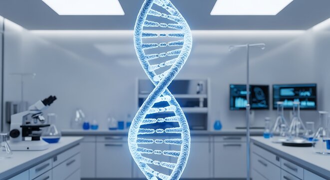 Glowing blue dna double helix model floating in a modern high tech science laboratory with equipment