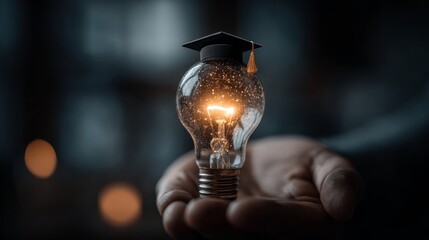 Hand holding illuminated light bulb with graduation cap symbolizing bright educational ideas