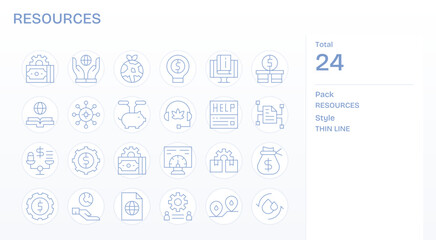 24 Grid Fitted Thin Line Vector Icons designed for Resources Interface