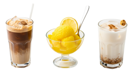 Three refreshing cold drinks including iced coffee, lemon sorbet, and a creamy beverage isolated on transparent background