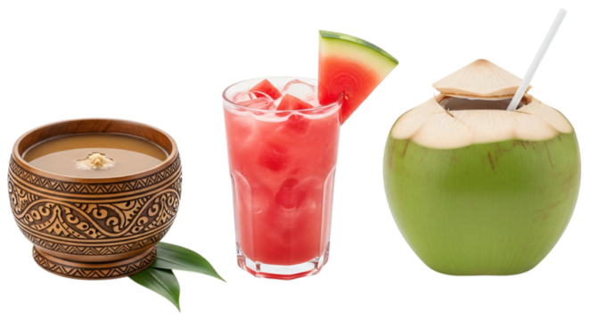 Assortment of three beverages a traditional drink in a carved bowl, watermelon juice, and a fresh coconut isolated on transparent background