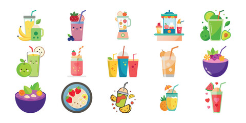 Collection of colorful and refreshing fruit smoothies and milkshakes in various glasses and cups