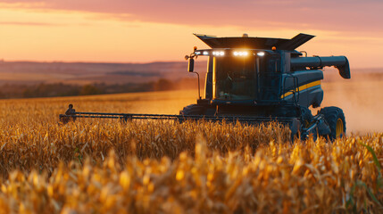 High-resolution image of a combine harvester moving through a golden cornfield at sunset, warm light illuminating the stalks and casting long shadows, dust rising from freshly cut