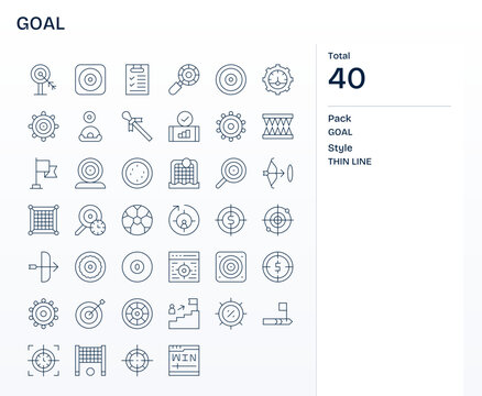 Goal Vector Icon Collection featuring 40 Editable 64x64 Thin Line Designs