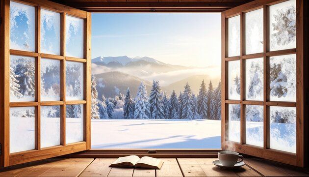Vue d'hiver sereine depuis une fen&ecirc;tre de chalet ouverte, avec boisson chaude fumante et livre sur un rebord en bois, regardant un paysage de montagne enneig&eacute;