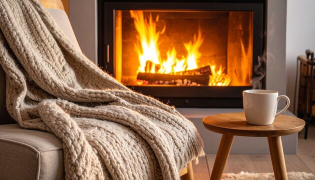 Sc&egrave;ne "hygge" d'hiver, salon confortable avec plaid en tricot, tasse de boisson chaude fumante et feu de chemin&eacute;e.
