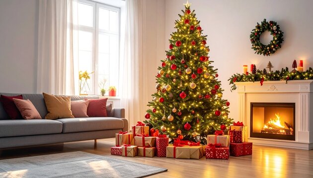 Salon moderne et chaleureux d&eacute;cor&eacute; pour No&euml;l, avec sapin illumin&eacute;, cadeaux rouges et or, et feu de chemin&eacute;e