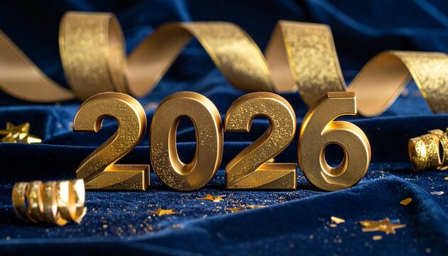 Concept de Nouvel An 2026, chiffres dor&eacute;s &eacute;l&eacute;gants sur velours bleu avec rubans et paillettes.