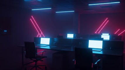 Cyberpunk Gaming Room with Neon Lights and Laptops. - Powered by Adobe