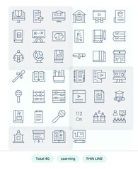 40 Thin Line Grid Fitted High Resolution Vector Icons from Learning Suite