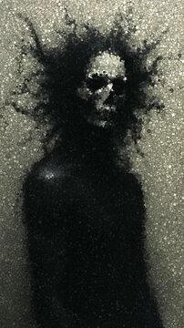 Skull Faced Figure with Wild Frizzy Hair in Closeup Against Gray Background with Shadowed Body and Dramatic Lighting, Animation Made of Cubes