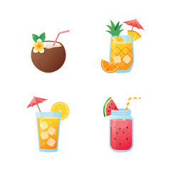 Tropical Summer Drinks Icon Set: Refreshing Cocktail and Juice Vector Illustrations for Menus and Promotions