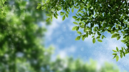 Fototapeta premium A serene view of lush green leaves against a bright blue sky, evoking a sense of tranquility and connection to nature.