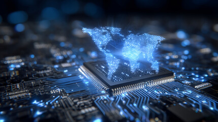 Close-up of microchip etched with circuitry, rare earth elements glowing under UV light, data visualization overlay, high-tech geopolitical advantage conveyed