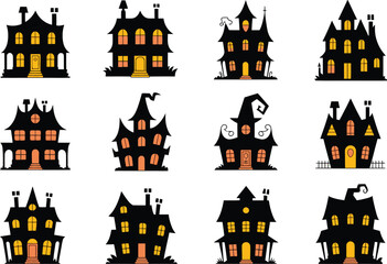 Collection of twelve spooky silhouetted haunted houses with glowing windows and tall spires against a white background for halloween decorations
