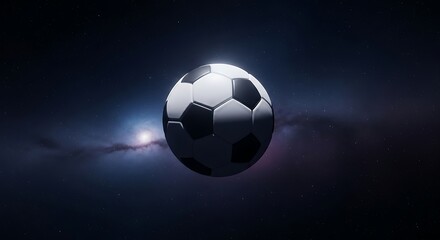 Naklejka premium Gleaming soccer ball floating gracefully through a celestial expanse, symbolizing the global reach and passion of the beautiful game, set against a mysterious cosmic backdrop