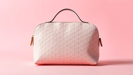 Elegant cosmetic bag on soft pink background, highlighting texture and design.