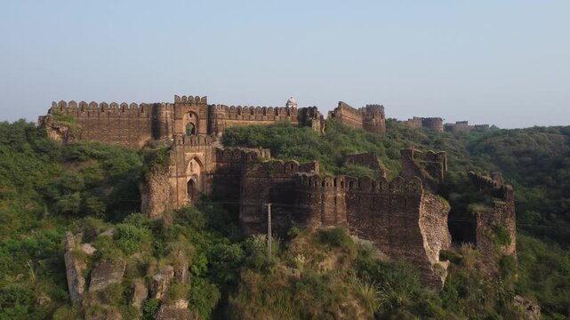 Drone aerial shot showing Rohtas Fort Badshahi Gate and the damaged Kabuli Gate built during Sher Shah Suri reign