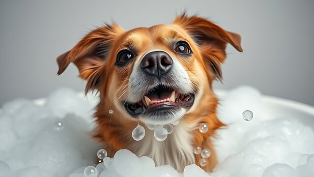 A playful dog enjoying a bubble bath, surrounded by foam and bubbles in a lighthearted moment.