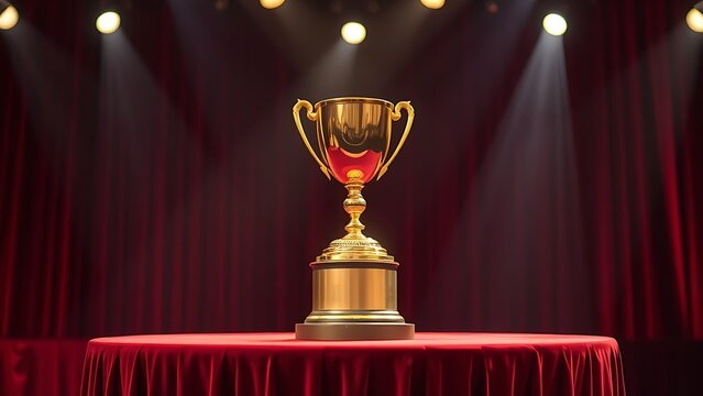 A golden trophy displayed on a velvet podium with dramatic award ceremony lighting.