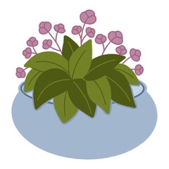 Blue houseplant, green leaves and pink flowers digital sticker, sign on white background.
