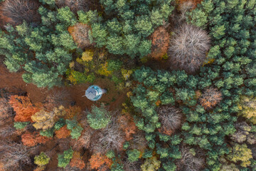 Aerial drone view of a colorful autumn forest. Panorama of trees during autumn. All the colors of autumn. Autumn season in Poland. Autumn orange color tree patterns