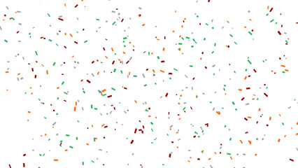 Festive confetti rain in green, orange, burgundy, and silver on a white background