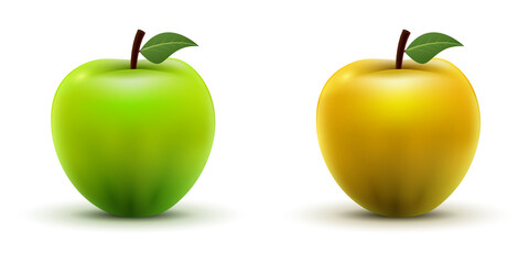 Realistic illustration of green and yellow apples with leaves on white background. Fresh fruit concept representing health, nutrition, and natural organic food.