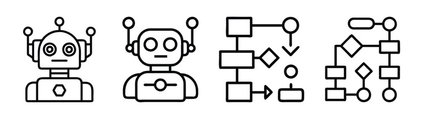 Vector illustration of robot icons and flowchart diagrams for ai and automation concepts
