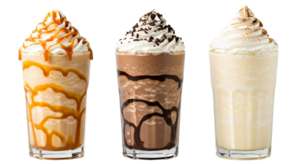 Three delicious blended iced coffee drinks with whipped cream and toppings, isolated on transparent background