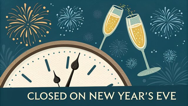 ''New Years Eve business closure notice with midnight clock champagne toast and festive fireworks celebration''