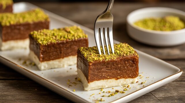A fork pierces a square of trilece cake topped with pistachios, highlighting the desserts layers and the creamy texture on a white plate