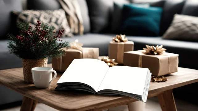 Christmas catalog mockup surrounded by gifts and warm decorations