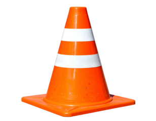 Bright orange traffic cone with white bands on black