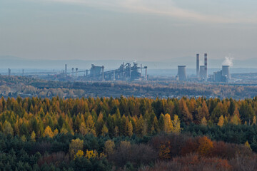 Aerial drone view of Industrial steel factory, iron works. Metallurgical plant. steelworks. Heavy industry in Europe, Poland, Dabrowa Gornicza. Air pollution from chimneys. Ecology and environmental