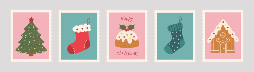 Vintage-style Christmas postage stamp set with a hand-drawn tree, stockings, pudding, and a gingerbread house. Featuring an Xmas mail postmark, soft pink, teal, and red tones add a cozy festive charm.