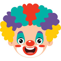 Colorful Clown Face with Vibrant Curly Hair and Wide Smile Showing Happy Expression and Red Nose on Transparent Background