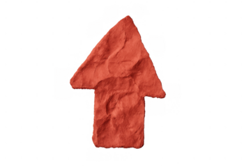 Red crumpled paper arrow pointing up, symbolizing growth, direction, success, improvement, and upward movement