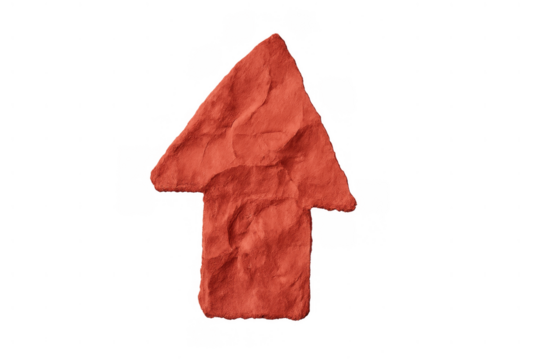 Red crumpled paper arrow pointing up, symbolizing growth, direction, success, improvement, and upward movement