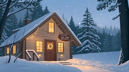 Cozy snow-covered wooden cabin illuminated by warm lights in a serene winter forest landscape at night