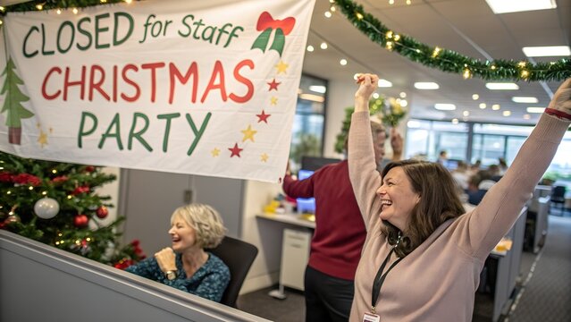 Joyful office workers celebrating the start of their Christmas party under a festive "CLOSED for Staff CHRISTMAS PARTY" banner - Powered by Adobe