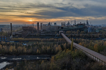 Aerial drone view of Industrial steel factory, iron works. Metallurgical plant. steelworks. Heavy industry in Europe, Poland, Dabrowa Gornicza. Air pollution from chimneys. Ecology and environmental