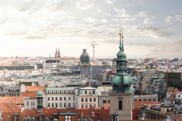 Panoramic view of the Prague city center showing off its beautiful architecture under a cloudy sky. Czech Republic